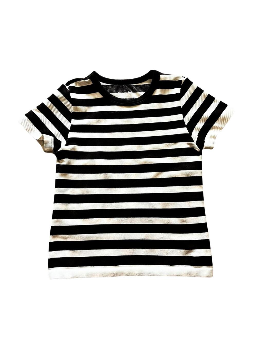Faded Rose Striped Rib Knit Top Womens Small Black White Short Sleeve Casual
